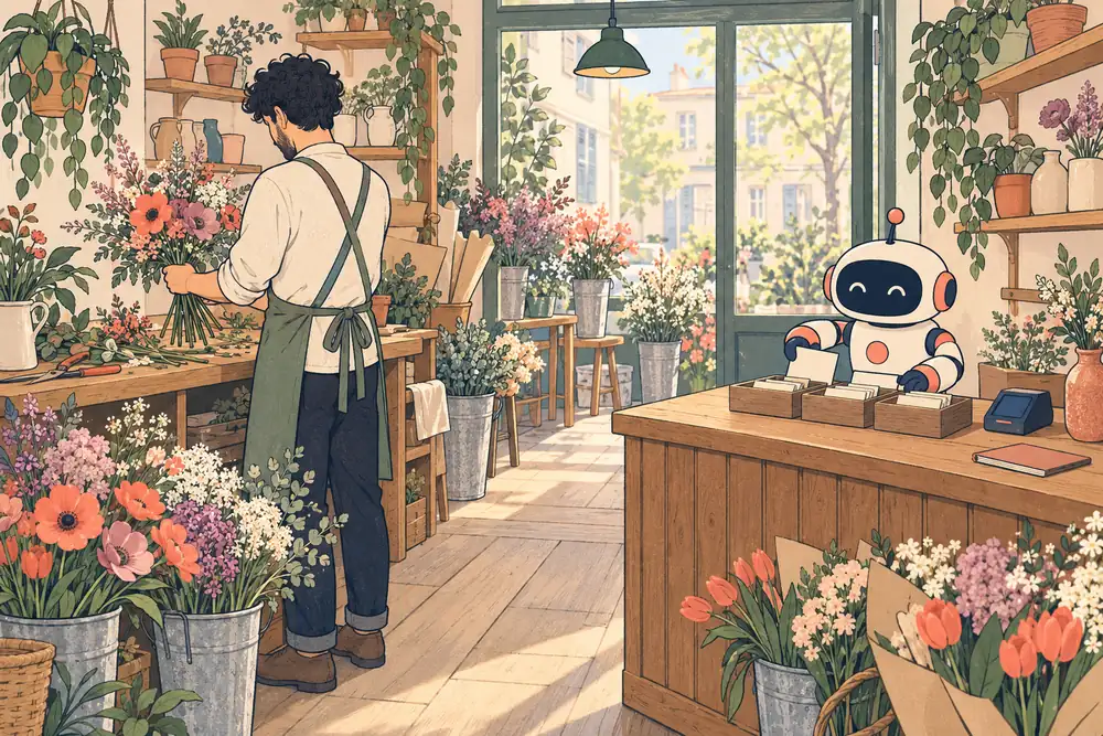 Illustration d'un employé IA installé dans une petite entreprise
