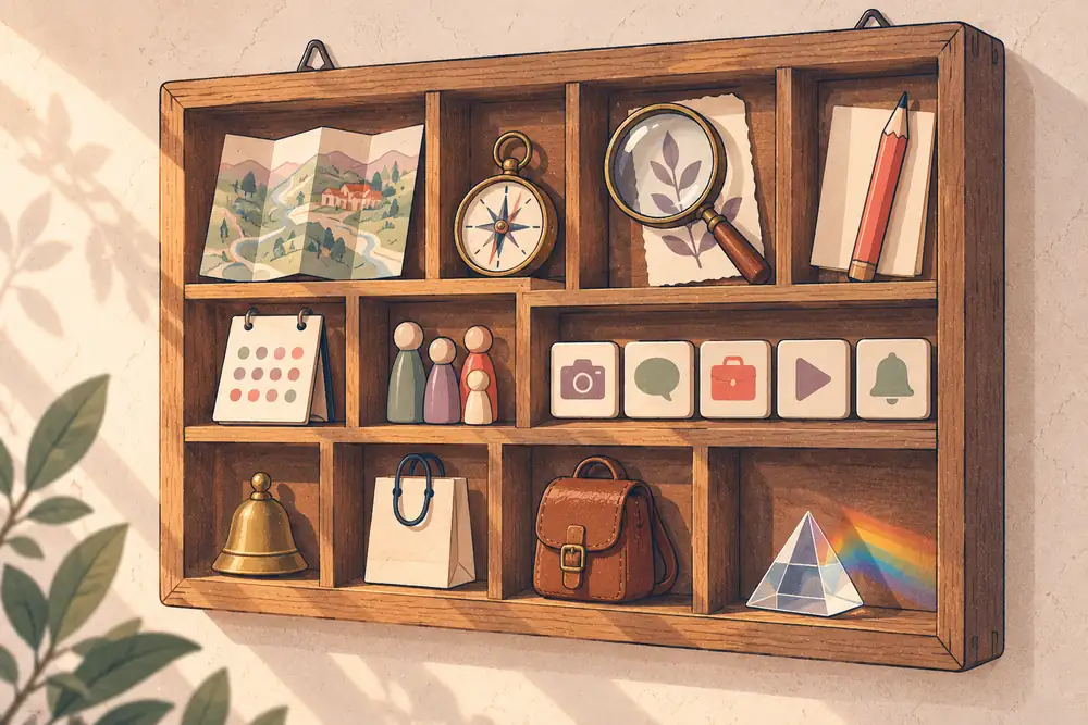 Un casier d'imprimeur en bois dont chaque case contient un petit objet, image des 14 blocs de la formation Community Manager LiveMentor