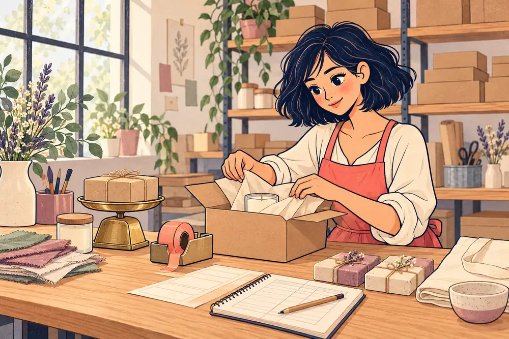 Une table d'emballage avec un colis ouvert, des étiquettes et de petits produits d'artisan, image du programme de la formation E-commerce