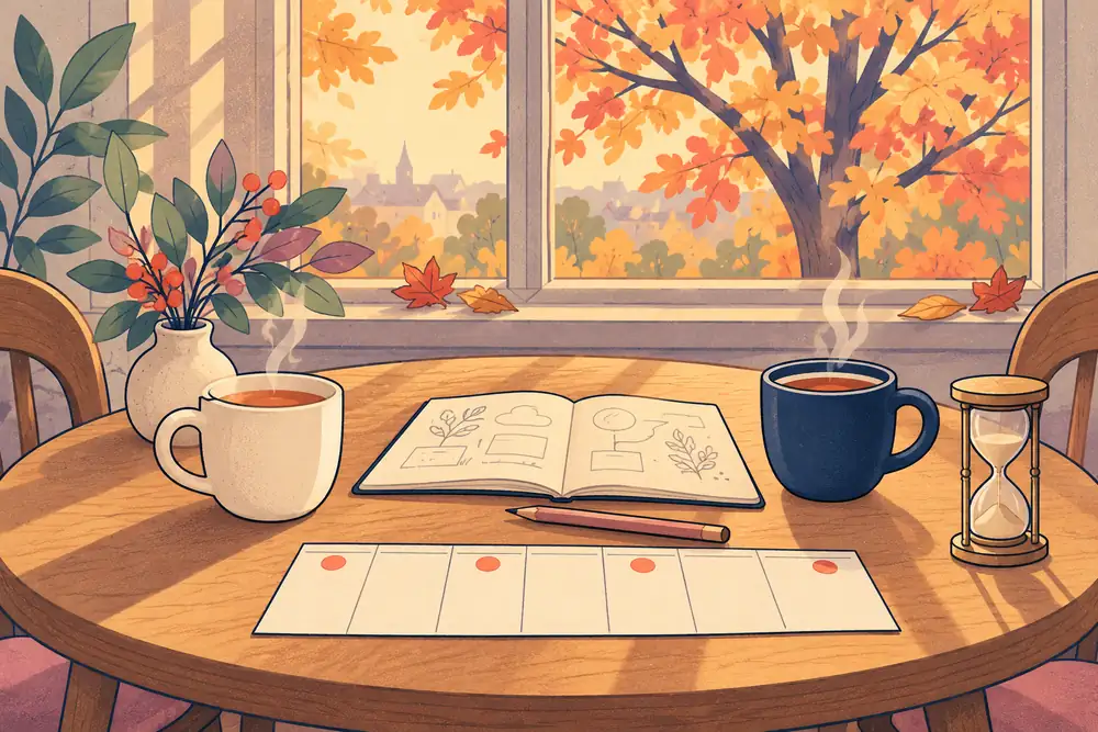 Deux tasses face à face sur une table près d'une fenêtre d'automne, avec un carnet ouvert, un planning de la semaine et un sablier, image des sessions hebdomadaires avec le mentor