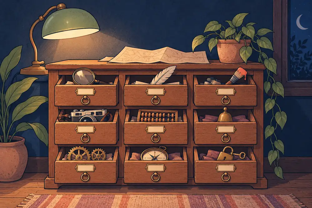 Un meuble à tiroirs en bois dont les neuf tiroirs entrouverts laissent voir chacun un objet différent, image des 9 modules de la formation IA LiveMentor