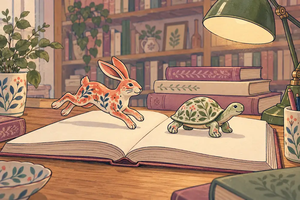 Illustration des deux vitesses de la pensée : un lièvre et une tortue sur un bureau