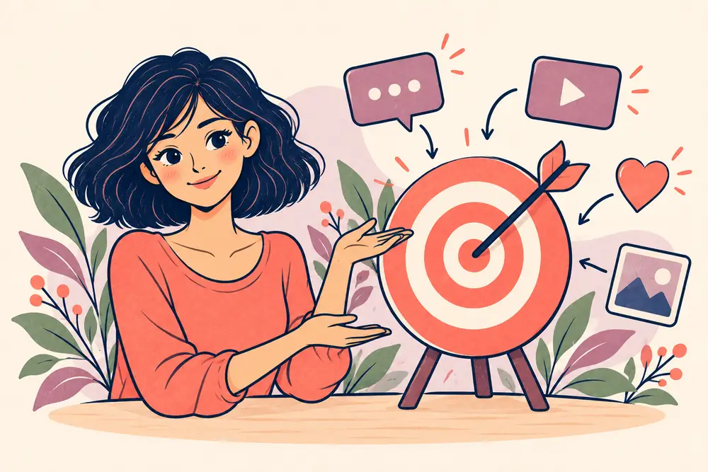 Une cible au centre d'icônes de réseaux sociaux, illustration de la soirée 2 du sommet LiveMentor sur le positionnement