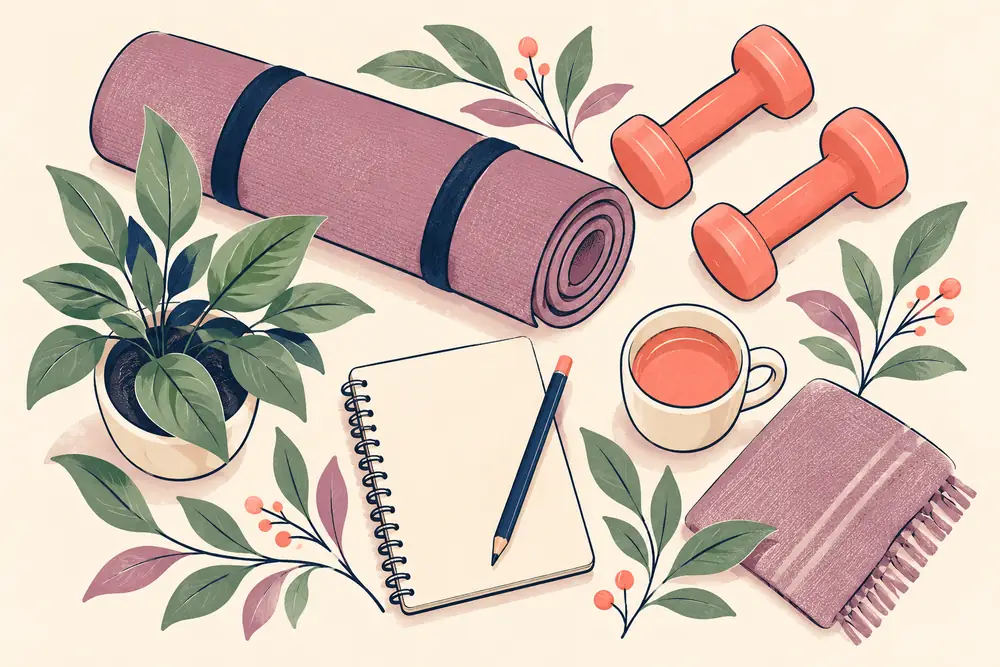 Les outils des métiers de l'accompagnement vus d'en haut : tapis, haltères légers, plantes et carnet