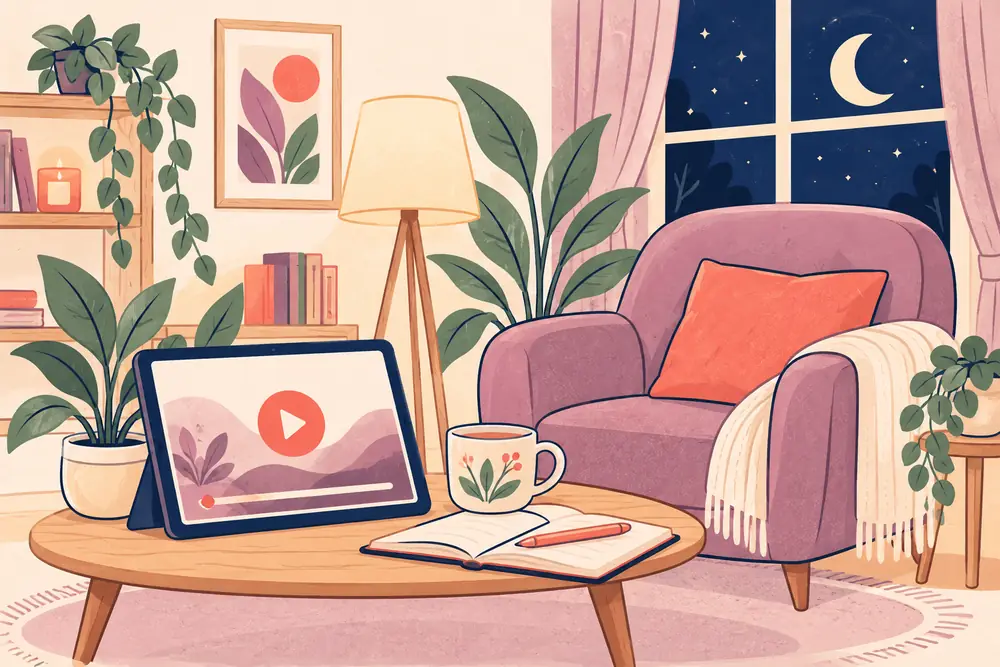 Une tablette affiche le replay du sommet LiveMentor dans un salon le soir